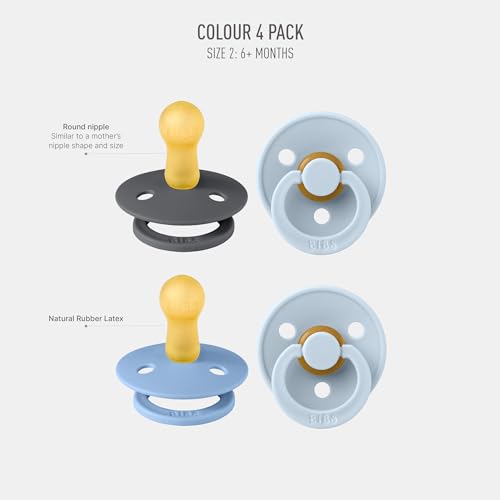 Image of BIBS Pacifiers - Colour 4 Pack | Round Nipple Baby Pacifier | BPA Free Natural Rubber Latex Soother | Made in Denmark | Size 6-18 Months | Blue Colors