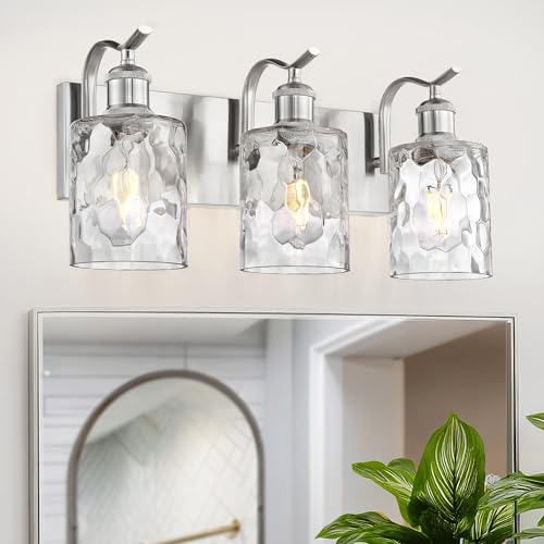 Image of Bathroom Vanity Light Fixtures Over Mirror 3-Light Hammered Glass Wall Mounted Modern Brushed Nickel - VL01BNH-3