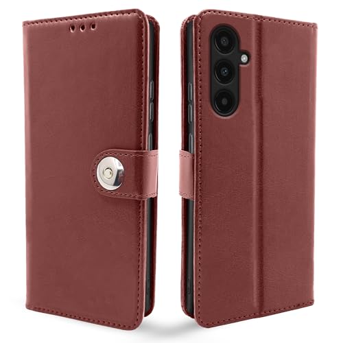 Image of Pikkme Samsung Galaxy A35 5G Flip Cover Leather Finish | Inside TPU with Card Pockets | Wallet Stand and Shock Proof | Complete Protection Button Flip Case (Brown)