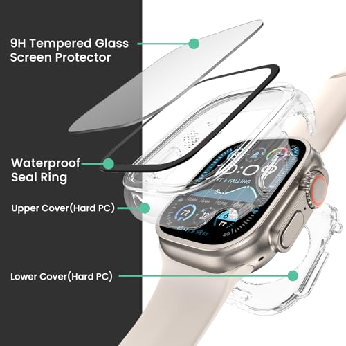 Image of 3 in 1 Goton Waterproof Hard Case for Apple Watch Screen Protector 49mm, 360 Slim Full Protective Tempered Glass Face Cover + Back Hard PC Bumper for iWatch Ultra 3 /Ultra 2 /Ultra, 49mm Clear