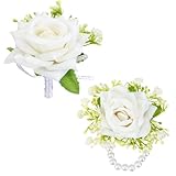 Larrel Wrist Corsage and Boutonniere Set, Flower Wrist Corsage Bracelets, Boutonniere for Women and Men, Wedding Flowers Accessories for Bridal Shower, Wedding, Prom, Suit, Party, Homecoming (White)