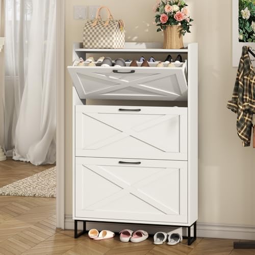 Image of Maupvit Shoe Storage Cabinet with 3 Flip Drawers, Freestanding Organizer with Metal Legs for Entryway, Narrow Shoe Rack Cabinet, White
