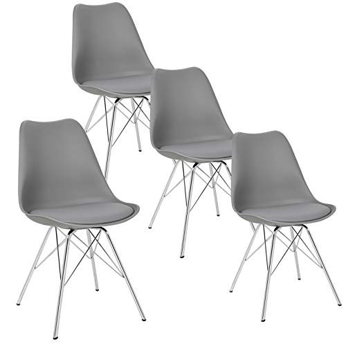 eSituro SDC52-4 Pack de 4 Sillas de Comedor Silla de Oficina con Reposabrazos Silla Tower Cuero Artificial Asiento Tapizada Diseño Nórdico Patas Metal Gris
