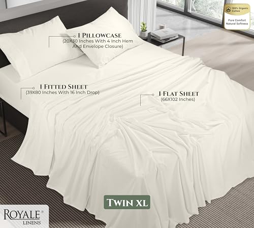 Image of ROYALE LINENS 100% Organic Cotton Twin XL Sheet Set - 16 inch Deep Pocket Bed Sheets - Ivory Bed Sheets - Sabanas Twin XL - 1 Flat, 1 Fitted & 1 Pillowcases - Ivory Sheet Set - Cotton Bedding Sets