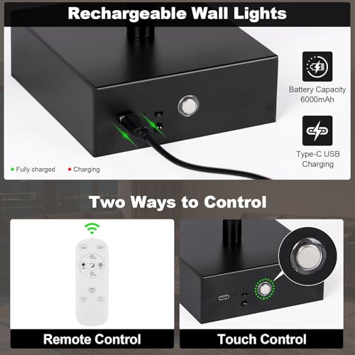 Image of Battery Operated Wall Sconce, 3000K-6000K Dimmable Black Wall Lights with Remote Control, Timable LED Wireless Wall Sconces, 350 Ratate for Bathroom, Living Room, Hallway 29.1 Inch 1 Pack