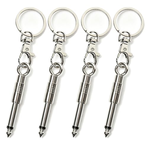 Coopaly 4 Pack Silver 6.35mm Mono Audio Plug Keychains, 1/4 Inch TS Guitar Jack Key Chain with Lobster Clasp, Metal Musical Plug Pendant Key Ring for Guitarists Musicians Studio Decor