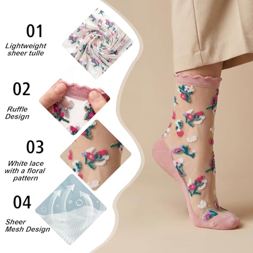 Image of 5 Pack Flower Sheer Socks for Women Ruffle Lace Ankle Socks