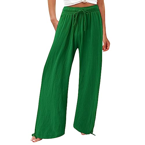 Womens Elastic High Waisted Palazzo Pants 2024 Summer Trendy Casual Wide Leg Pant Long Lounge Trousers with Pocket Work Trousers for Women Green 2X