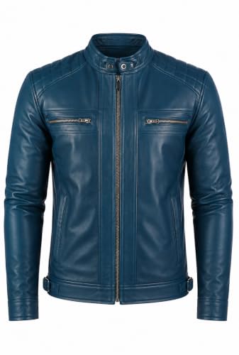 Image of Genuine Leather Men's cafe racer jacket Sheepskin Quilted Motorcycle Style Lambskin Leather Jacket Men