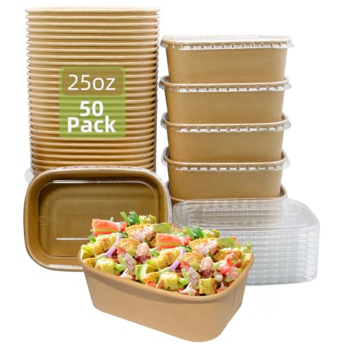 ganfaner 25oz Disposable Paper Bowls with Lids, 50 Sets Salad Bowls To Go for Lunch Microwave Safe, Paper Meal Prep Containers Disposable Takeout, Serving Bowls Leakproof for Hot Cold Food