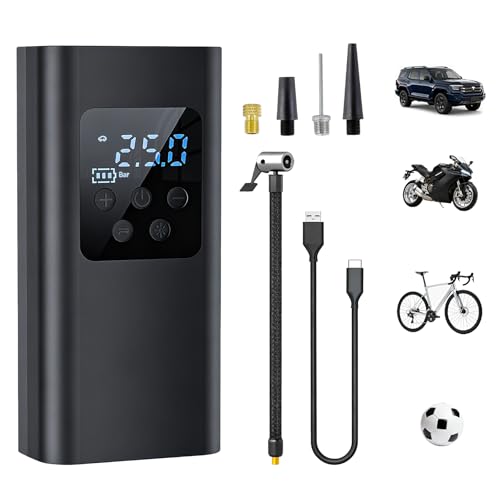 Qingning Compresor de Aire Portátil 150PSI, Inflador Ruedas Coche con Pantalla LCD, Batería 6000mAh,Mini Inflador Eléctrico con Luz LED, Bomba de Aire Portátil para Coches, Bicicletas, Motos y Balones