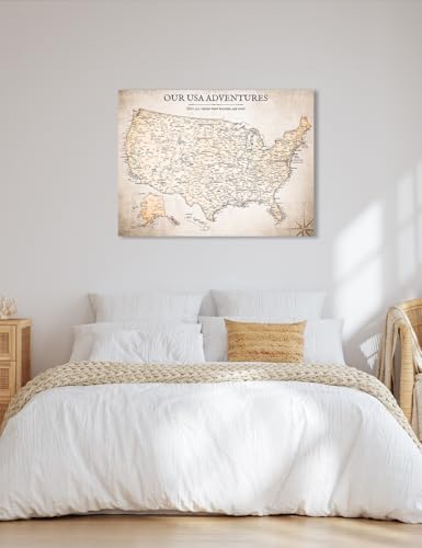 Image of IPIC - Vintage Push Pin USA Map Canvas Wall Art, Oversized Travel Map Print Wall Decor for Home, Study, Office or RV, Push Pin Board Decor for Travel Lovers, Ready to Hang