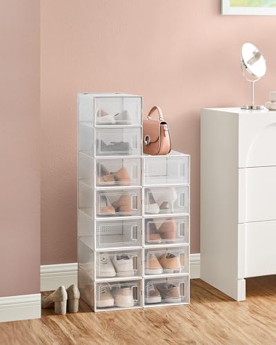 Image of SONGMICS Shoe Boxes, Pack of 24 Shoe Storage Organizers, Stackable Clear Plastic Boxes for Closet, Sneakers, 13.1 x 9.1 x 5.6 Inches, Transparent and White ULSP906W12