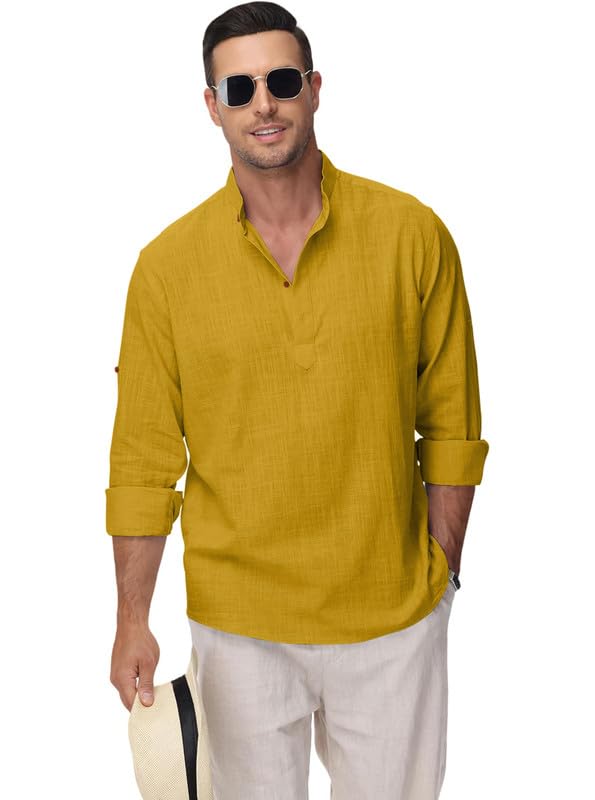 Image of Macsivo Men's Cotton Blend Solid Short Kurta with Regular Lenth Mandarin Collar Short Button Placket Rolled up and Full Sleeves Kurta for Men