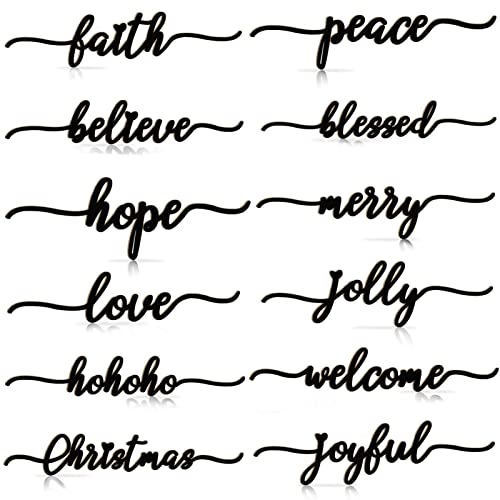 BORAMDO Letra de madera de Navidad decoración de pared, 12 piezas, recortes de palabras de madera para decoración del hogar, placa de mesa, adornos rústicos, letreros de madera negros de bendita