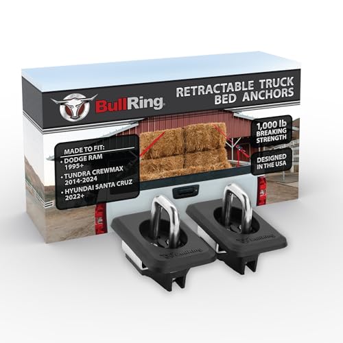 Bull Ring Retractable Truck Bed Tie Down Anchors for Dodge RAM 2009+, Toyota Tundra CrewMax 2014-24, Hyundai Santa Cruz 2022-24, Rail Cap Trim Required to Install (2 Pack)