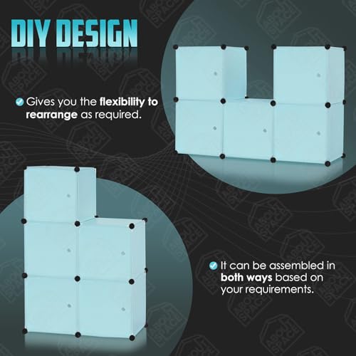 Image of ABOUT SPACE Professional Collapsible Wardrobe - DIY 6 Cube Plastic Almirah for Clothes with Side Hanger, Door Magnet & Hamer- Durable, Foldable Wardrobe for Storage |Non-Slip Storage Organizer - Blue
