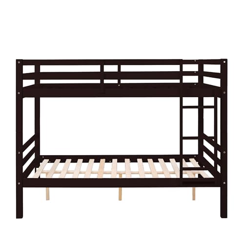 Image of Full Over Full Bunk Bed with Ladder, Solid Wood Bunk Bed with High Guardrail and Ladder for Kids, Teens, Dorm Rooms, and Guest Rooms, No Box Spring Needed, Espresso