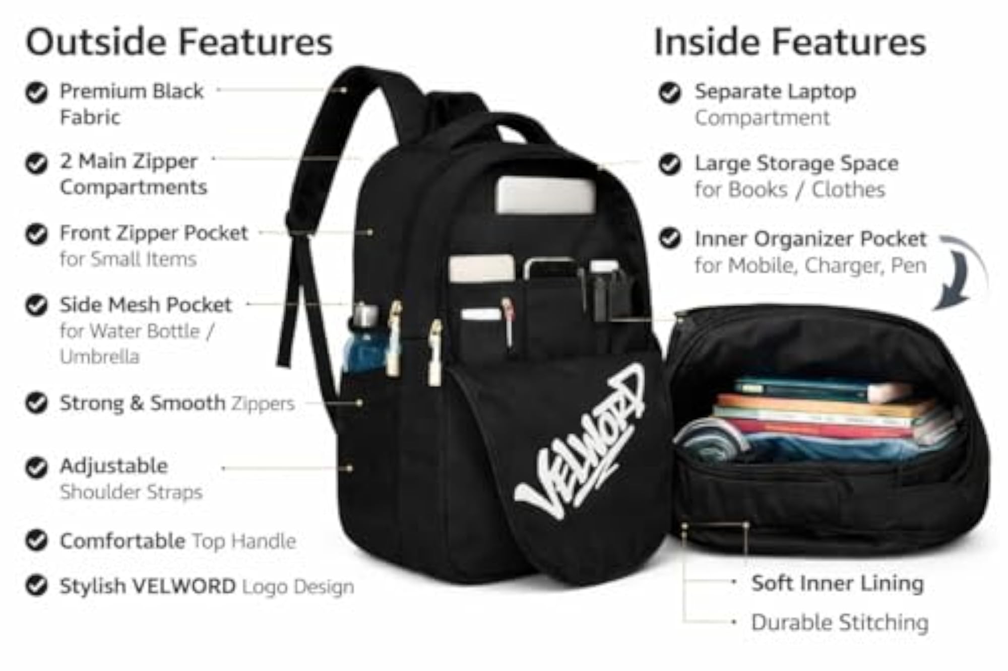 Valex Unisex Black Laptop Backpack, 28L & 19 Inch Compartment