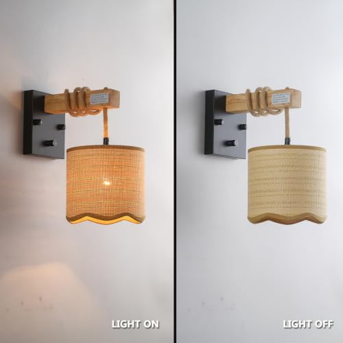 Image of Rattan Wall Sconce with Hemp Rope Wood arm for Boho Farmhouse Bedroom | Wood arm & woven shade. Single pack,On /Off Dimmable Switch fast install, fits farmhouse boho decore,1*E12 bulb sockets