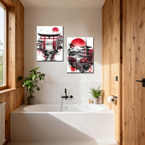 Image of Frimeeme 2Pcs Japanese Canvas Wall Art, Ready to Hang,Framed,12x16 inches | Red Black Landscape Prints, Modern Minimalist Asian Oriental Decor