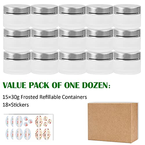 15 Pack 1oz/30g frosted Round Glass Jars - Empty Cosmetic Refillable Containers with Inner Liners, Silvery White Lids… - Image 8