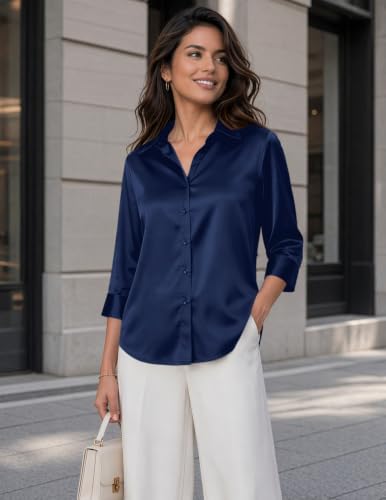 Image of Zeagoo Womens Satin Blouses Button Down Shirts 3 /4 Sleeve Dressy Tops S-2XL
