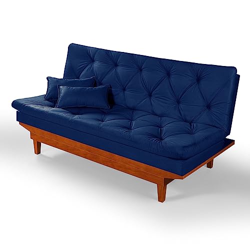 Sofa Cama Reclinavel Caribe Com Duas Banquetas Rubi Suede Azul Marinho