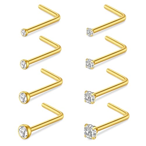 NIUSIMAN 8PCS 20G Piercing Nez Or CZ Fin Piercing Nez Acier Chirurgical Kit de perçage du nez en forme de mince cristal perçage du nez barres de bijoux...