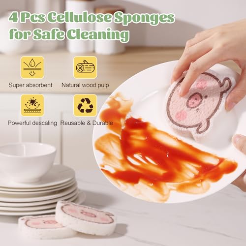 Image of JOYMOOP Kitchen Sponge for Washing Dishes, 4 Pack Cartoon Cellulose Sponges for Cleaning, Reusable Non-Scratch Sponges for Household, Car Interior and Pet Supplies - Piggy Pattern
