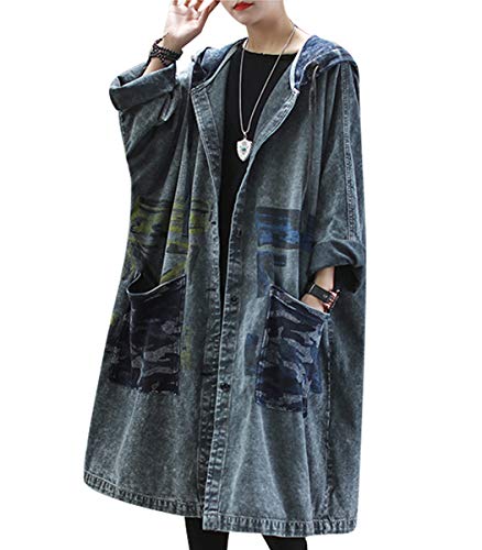 Women Fashion Loose Distressed Denim Trench Jacket Coat Casual Plus Size Jean Outwear (YH1 Gray, One Size)
