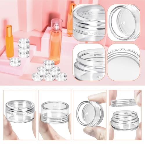 MotBach 200 Pack 5g Plastic Jars with Lids, 5ml Round Clear Cosmetic Containers Makeup Jars, 5gram Travel Size Container Jar with Spatulas for Makeup Sample Lotion Cream Ointment Salve Balm Powder3