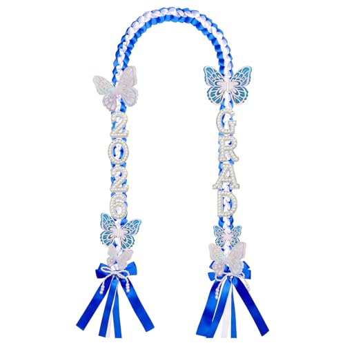 Image of Class of 2026 Graduation Leis,Blue& White Bow Pearl Graduation Lei Ribbon with DIY Butterfly Pin Accessories,Her Graduation Gifts for Woman Graduate