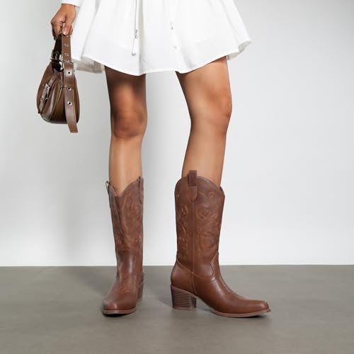 Image of DREAM PAIRS Women's Western Mid Calf Boots Cowboy | Square Toe Chunky Embroidered Boots, Suitable for Music Festivals and Everyday Outfits, Slip on Fashion Booties