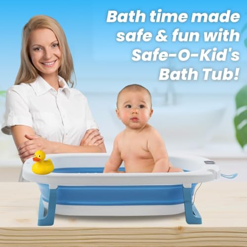 Image of Safe-O-Kid Big and Sturdy Foldable Baby (0-5 years) Bath tub with 1 Year Warranty, Anti-Slip, Temperature Sensitive Plug, Space Saving, Newborn Baby Folding Bathing Tub Girls & Boys with Soap Tray, Easy to Store, Foldable Shower Pool for Kids -Blue
