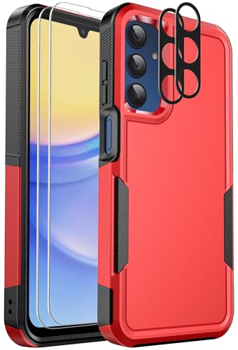 Ezanmull for Samsung Galaxy A15 5G Phone Case, [15 FT Military Grade Drop Protection] [Glass Screen Protector + Camera Lens Protector] Non-Slip Shockproof Case for Samsung Galaxy A15 5G (Red)