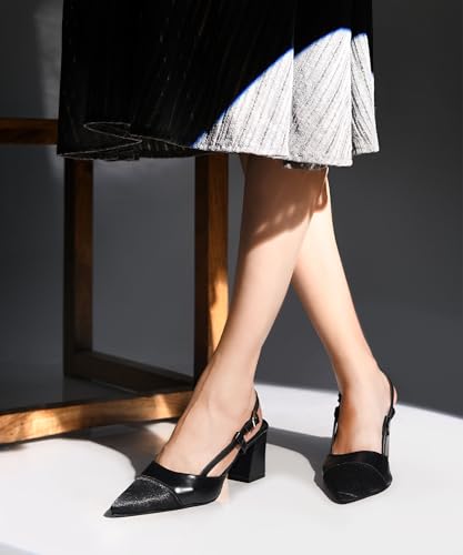 Image of JM LOOKS Women's Slingback Closed Pointed Toe Block Chunky Heel Pumps - 2.5 Inches Office Wedding Party Dress Shoes