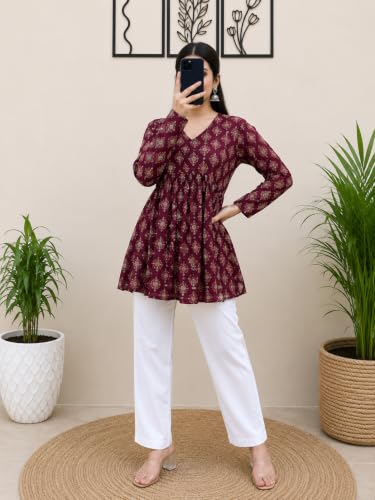 Image of Women's V Neck Short Kurti for Women | Floral Printed Cotton Blend Kurti | Full Sleeve Flared Tunic Top | Casual Ethnic Kurta Top for Women | Stylish Kurti with Jeans