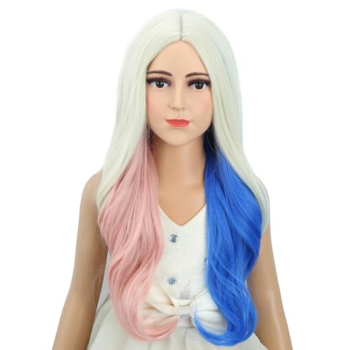 Image of Pink and Blue Wig for Kids Girls Long Blonde Mixed Pink Blue Wavy Curly Wig Children Middle Part Wigs Heat Resistant Synthetic Wigs with Cap