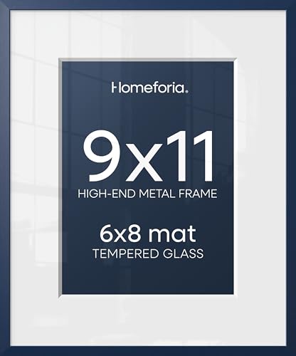Image of Homeforia 9x11 Blue Picture Frame, High-End Metal, 6x8 Mat, Glass | High End Aluminum, Tempered Glass, Acid-Free 6x8 Removable Mat, 9x11 in Edge-to-Edge Display 11x9, Wall Kit, Set Of 2