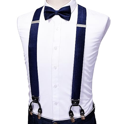 Image of YOHOWA Men Suspenders 6 Clips Strength Adjustable Y Braces Pre-Tied Bow Tie Set Formal Wedding Party