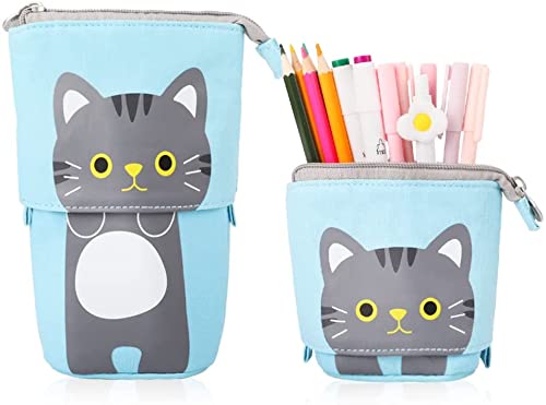 AUTOYSURTelescopic Stand Up Pencil Case Box Transformer Stand Store Pencil Holder Cute Cartoon Standing Pen Pouch Dual-Use Canvas Storage Stationery Bags for Teen Girls Boys (grey cat)