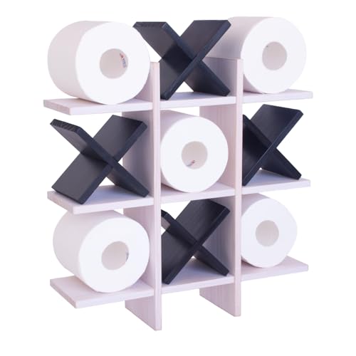 DAOYOUSKY Tic Tac Toe Toilet Paper Holder Stand with 4pcs Wooden X Farmhouse Rustic Wall Mounted Funny Toilet Papers Storage Organizer with Shelf Guest Bathroom Decor White and Black