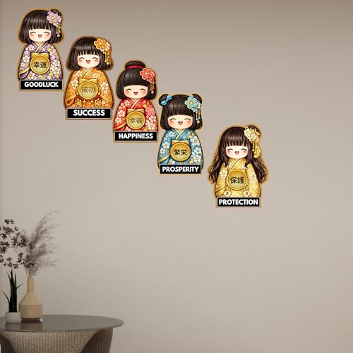 Image of GENXTRA Set of 5 Japanese Lucky Doll Wooden Wall Decor | Kawaii Anime Style MDF Hanging Art for Home, Bedroom, Living Room & Office | Prosperity, Happiness, Protection, Success & Good Luck Theme