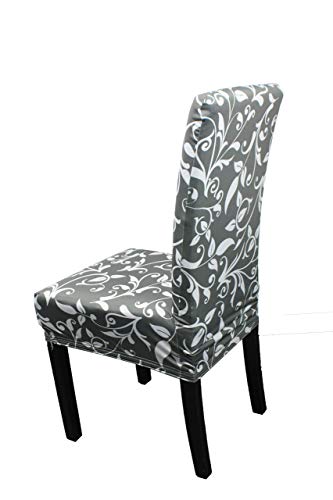 Printed High-Back Chair Covers for Dining Room Chairs – Spandex Stretch, Universal Armless Chair Protective Slipcover for Kitchen, Wedding, Party, Banquet & Hotel, Floral Creeper - Grey, Pack of 4