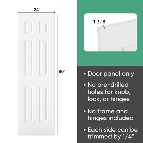 Image of BARNSMITH 24x80 in Raised 6-Panel Textured White Primed Door Slab, Classic Style Paintable Hollow Core Interior Door Panel, for Pocket, Swing, Sliding Door, No Pre-Drilling, Durable and Lightweight