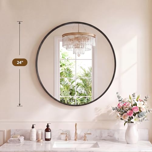 Image of NEWBULIG 24-Inch Round Wall Mirror, Bathroom Wall Circle Mirror with Metal Frame, Bathroom Decor for Entryway, Living Room, Vanity, Black