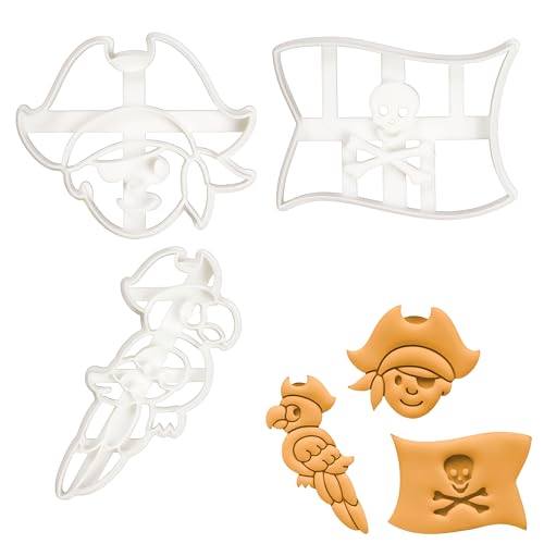 ensemble de 3 emporte-pièces à thème pirate (dessins: drapeau pirate, garçon pirate et perroquet), 3 pièces - bakerlogy