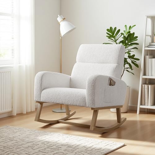 Aneutr Mecedora, mecedora con bolsillo lateral y reposabrazos, sillón de lectura, silla de lactancia, mecedora para salón o dormitorio (blanco)
