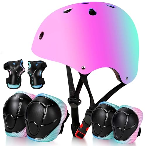 Image of Kids Bike Helmet Set Adjustable for Children, Boys, Girls and Teenagers Aged 3-14 Years Includes Elbow, Knee, Wrist Guards Children's Helmet Protection Set for Bikes SkateboardsRollerskates